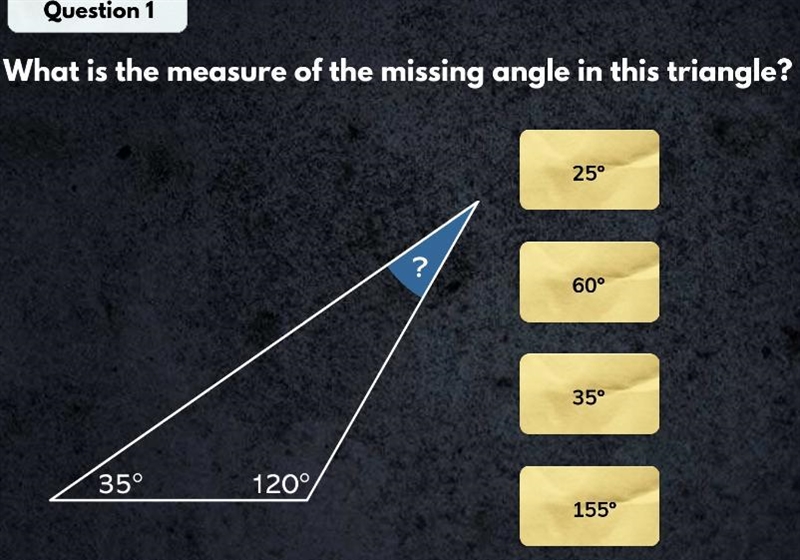 What is the measure of the missing angle in this triangle?-example-1