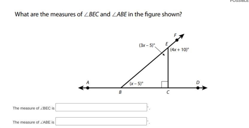 What are the measures of angle b e c and angle a b e in the figure shown? (30 points-example-1