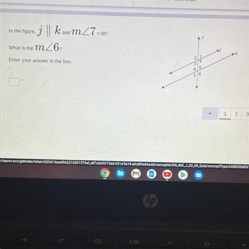 HELPPPP! In the figure, j || k and MZ7=659 What is the mZ6 2 Enter your answer in-example-1