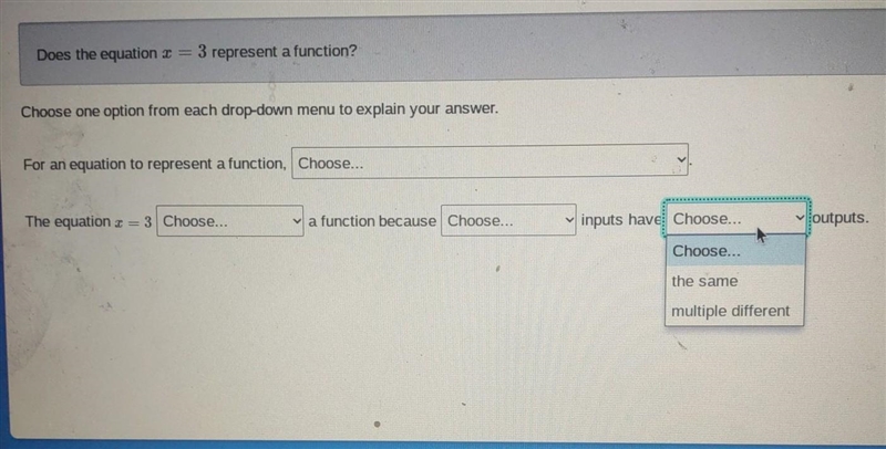 Does the equation I = 3 represent a function? Choose one option from each drop-down-example-1