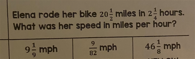 Elena rode her bike 20 1/2 miles in 2 1/4 hours. What was her speed in miles per hour-example-1