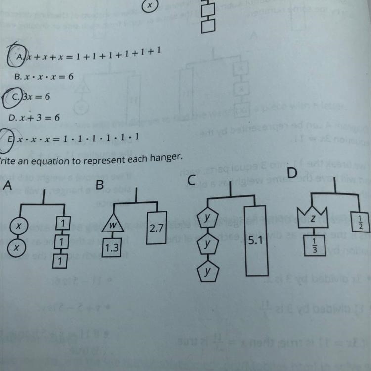 2. Write an equation to represent each hanger. A B С Х w 2.7 у Х 1.3 y 5.1-example-1