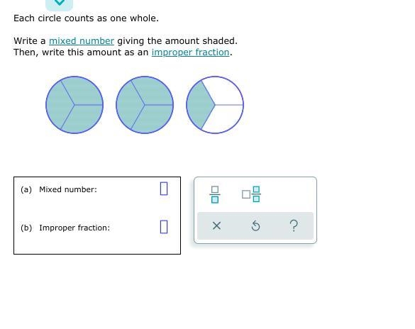 Each circle counts as one whole. Write a mixed number giving the amount shaded. Then-example-1