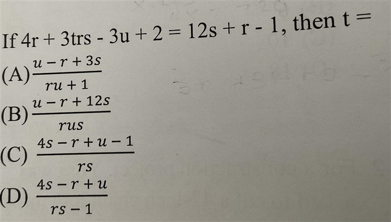 If 4r + 3trs - 3u + 2 = 12s + r -1, then t =-example-1