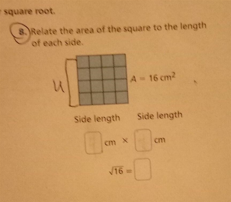 (look at photo) 8. Relate the area of the square to the length of each side.​-example-1