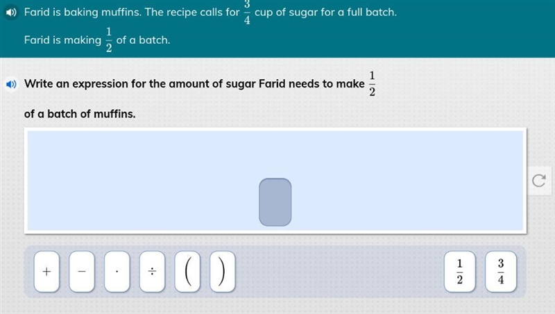 Write an expression for the amount of sugar Farid needs to make 1/2 of a batch of-example-1