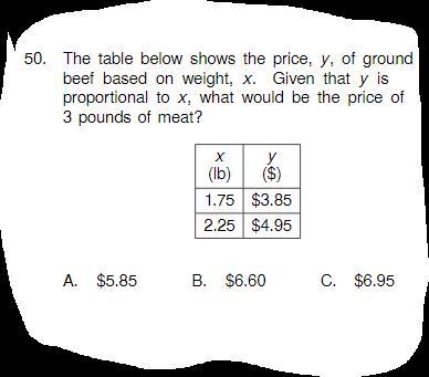 The table below shows the price, y, of ground beef based on weight, x. Given that-example-1