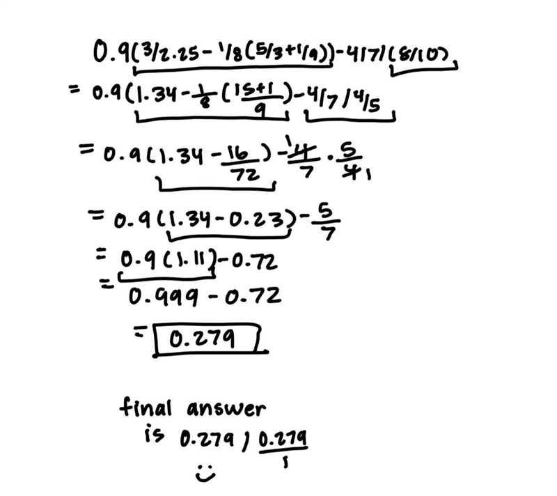 0.9(3/2.25-1/8(5/3+1/9))-4/7 / (8/10)-example-1