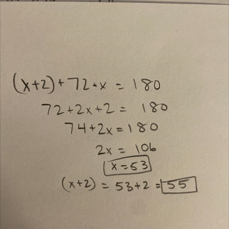 Find the measures of the angles in each triangle x° (x + 2) 72°-example-1