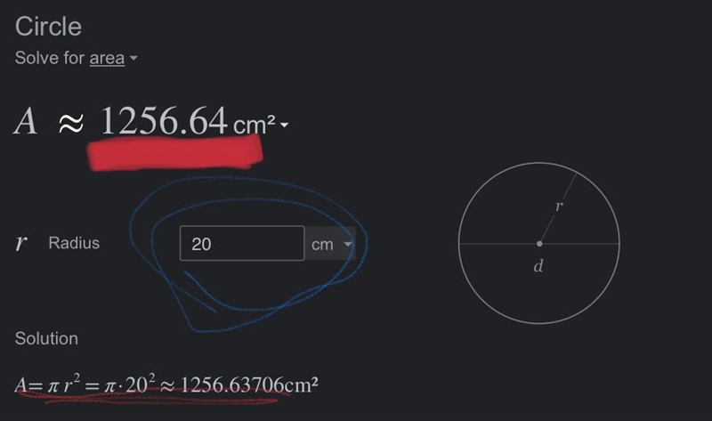 A circle has a radius of 20 cm. What is the exact area of the circle?-example-1