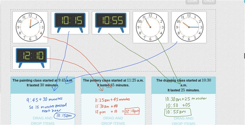 Drag the clocks to show what time each class ended.-example-1