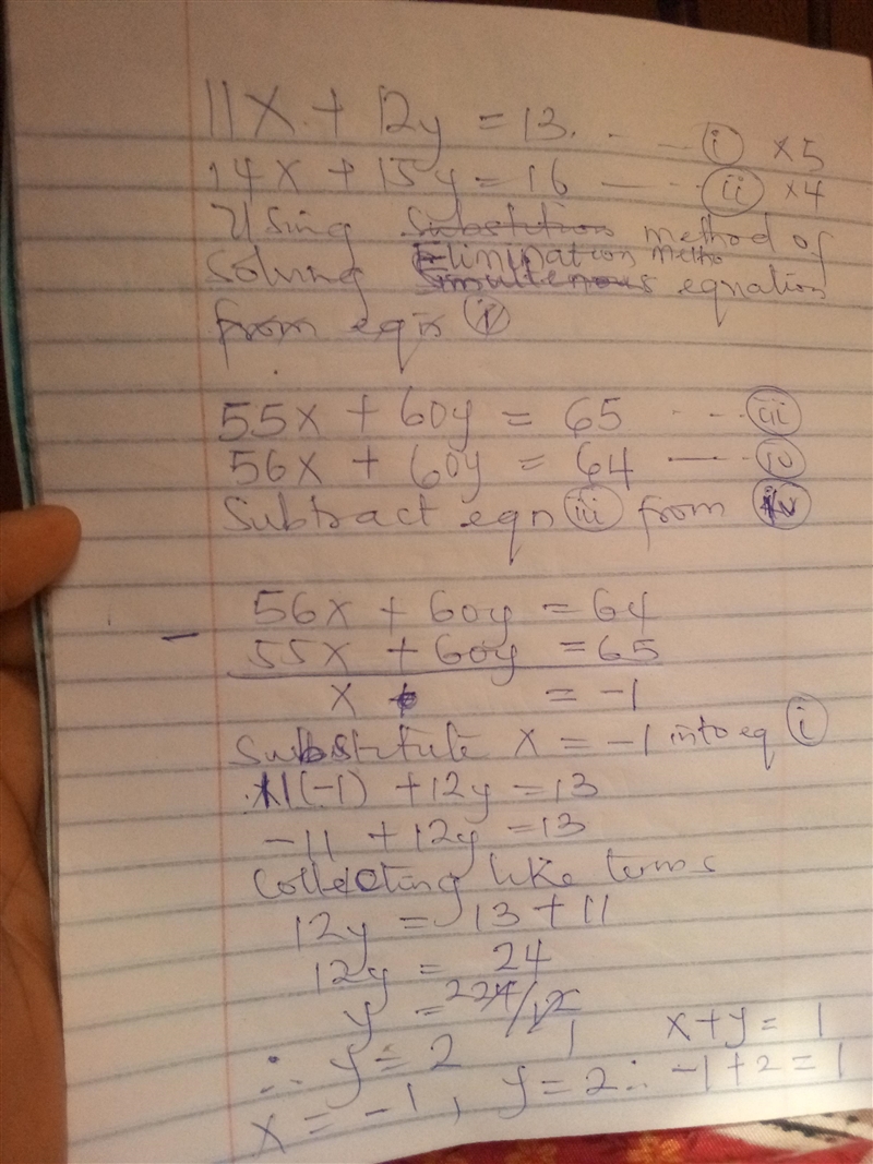 Consider the following system of equations: 11x + 12y = 13 14x + 15y = 16 Using the-example-1