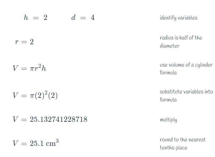 A cylinder has a base diameter of 4cm and a height of 2cm. What is its volume in cubic-example-1