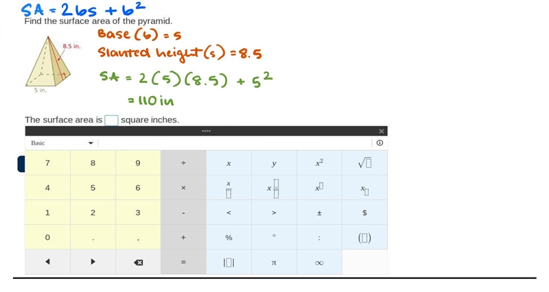 FIND THE SURFACE AREA OF PYRAMID (HELP!)-example-1