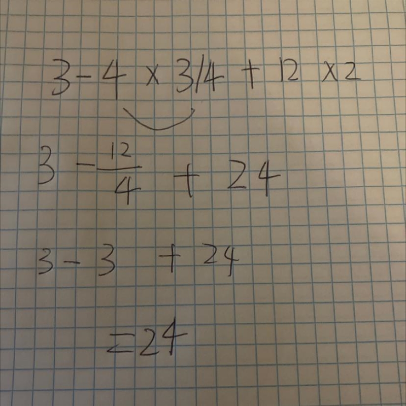 HELPPPP ME SOLVE MY PROBLEM!! 3 - 4 × 3/4 + 12 × 2-example-1