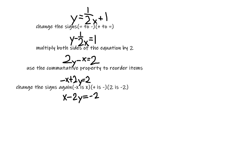 Write the equation in standard form (Ax+By = C) Y = 1/2x + 1 Show Work-example-1