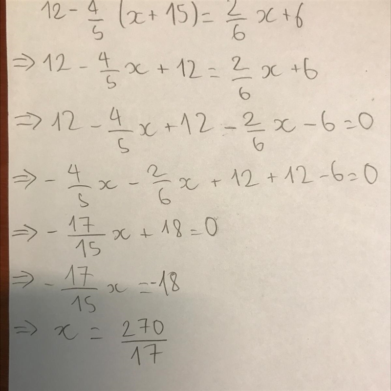 How would I go about solving this equation? 12-4/5(x+15)=2/6x+6. Show work.-example-1