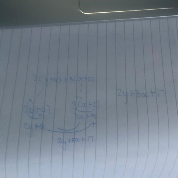 What expression is equivalent to 2(y+4)+3(x+2x)? Can someone provide step by step-example-1