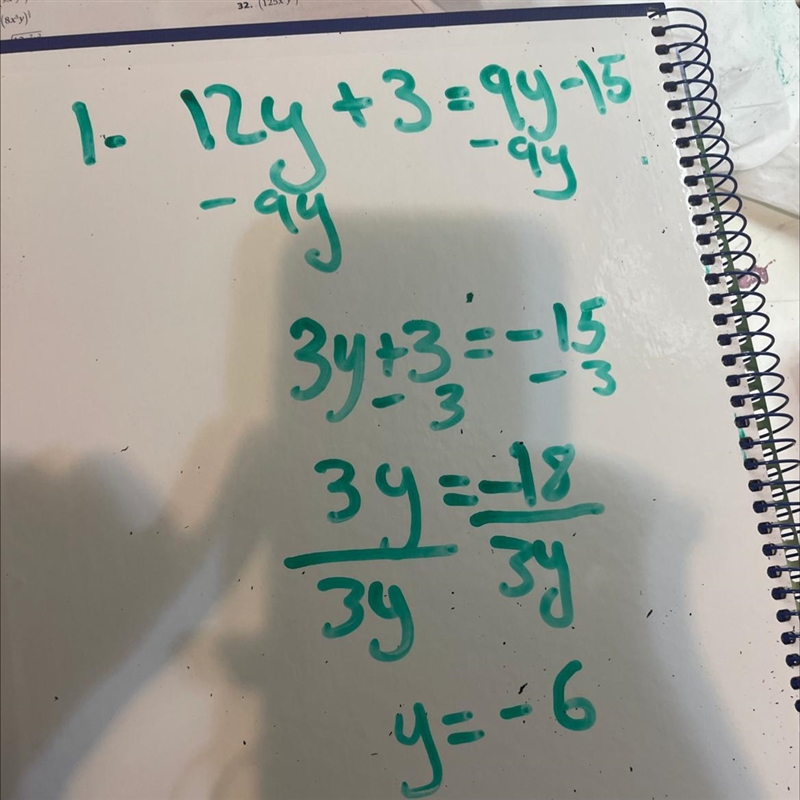 Please answer problems and show work 10.12y+3=9y-15 11. 5 + c/9 = -31-example-1