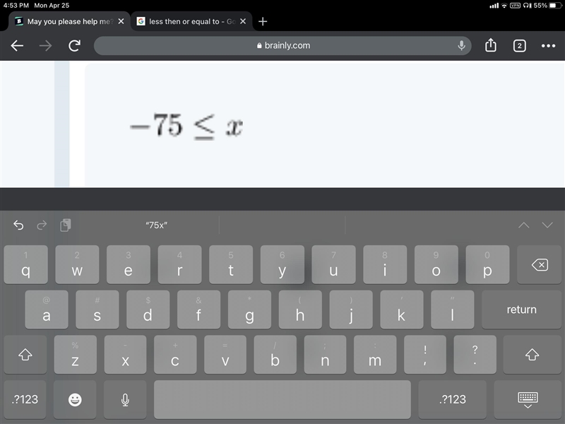 May you please help me? -75 is less than or eual to x-example-1