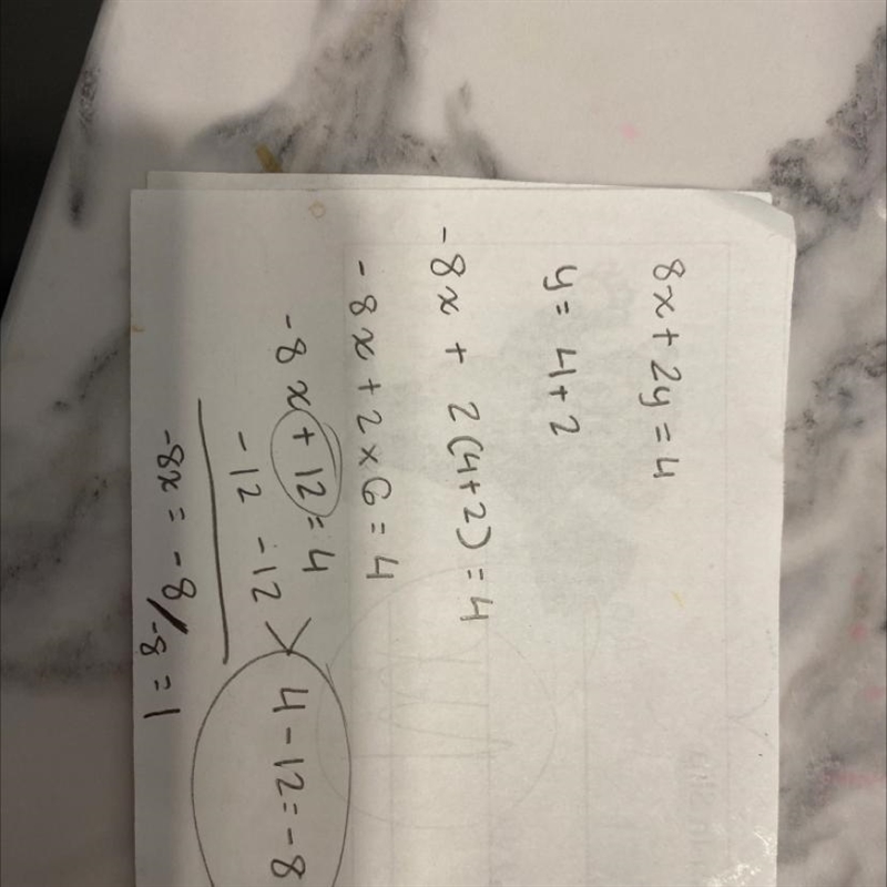 Please help me Process of substitution -8x+2y=4 y=4+2 no solution(tell me how) solution-example-1