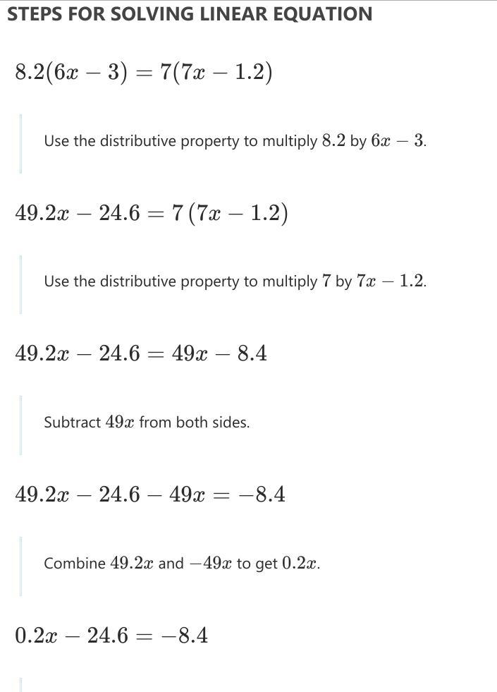 What is 8.2(6x - 3)=7(7x-1.2) I have to show my work.-example-3