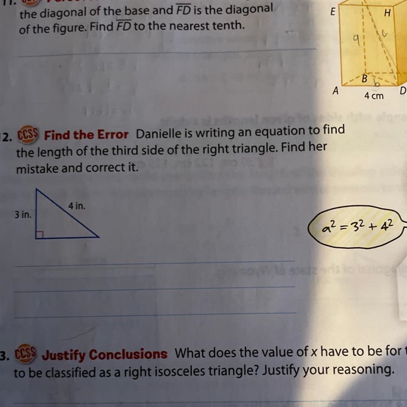 Danielle is writing an equation to find the length of the third side of the right-example-1