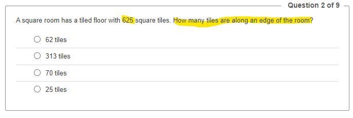 A square room has a tiled floor with 625 square tiles. How many tiles are along an-example-1