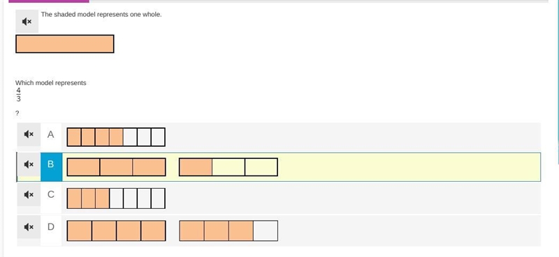 The shaded model represents one whole. Which model represents 4/3?-example-1