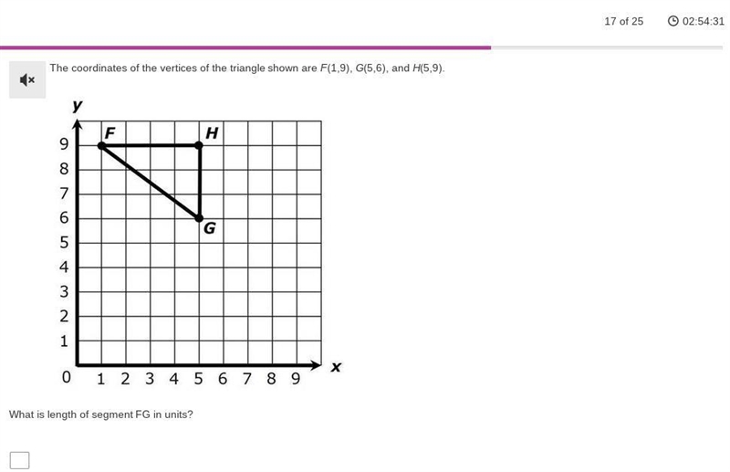 The coordinates of the vertices of the triangle shown are F(1,9), G(5,6), and H(5,9). What-example-1