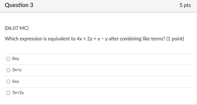 Which expression is equivalent to 4x + 2y + x - y after combining like terms?-example-1