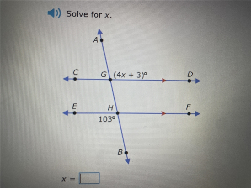 Hi! I need help on a assignment about transversals of parallel lines: solve for x-example-1