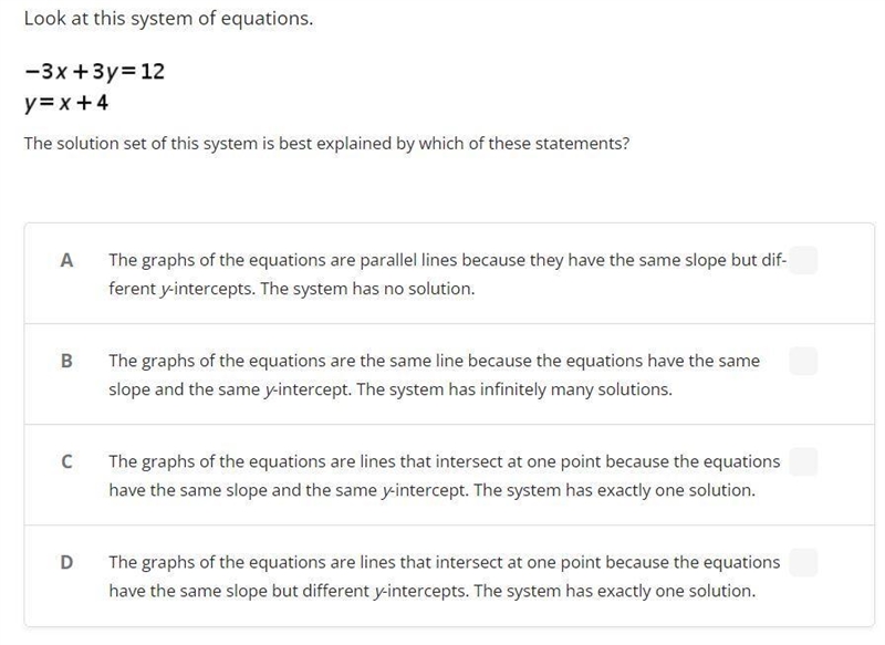 Look at this system of equations. -3x+3y=12 y=x+4 The solution set of this system-example-1