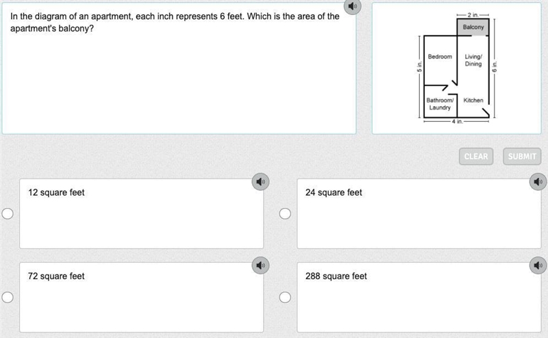 In the diagram of an apartment, each inch represents 6 feet. Which is the area of-example-1