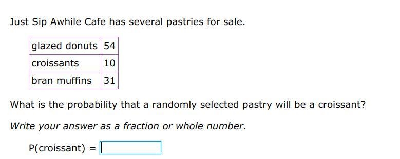 Math: Just Sip Awhile Cafe has several pastries for sale. glazed donuts 54 croissants-example-1