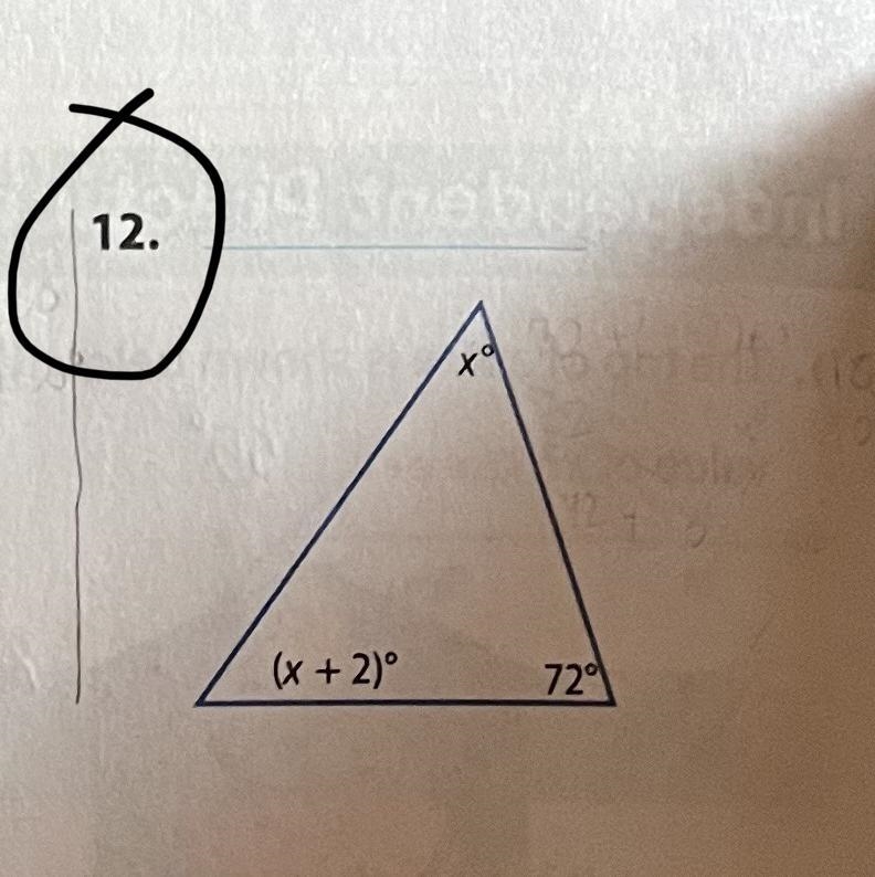 Find the measures of the angles in each triangle x° (x + 2) 72°-example-1