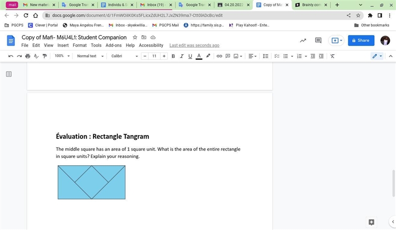 The middle square has an area of 1 square unit. What is the area of the entire rectangle-example-1