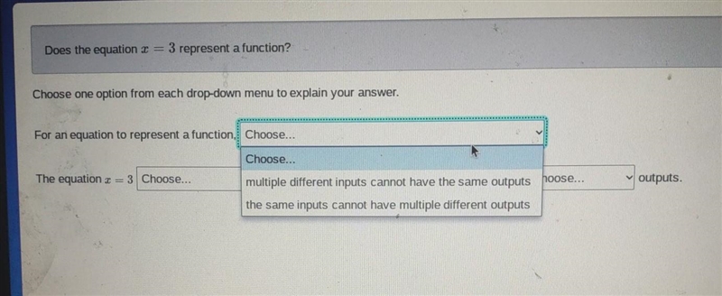 Does the equation = 3 represent a function? Choose one option from each drop-down-example-1