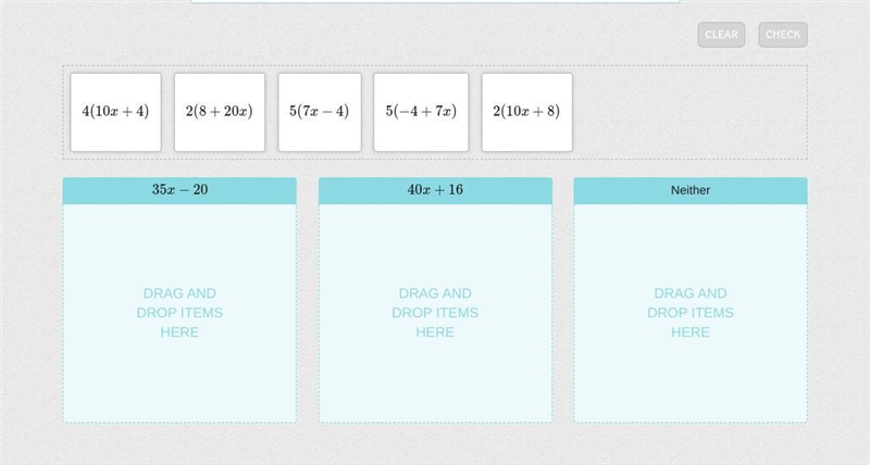 Drag each expression to show whether the expression is equivalent to 35x−20, 40x+16, or-example-1