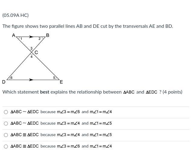 The figure shows two parallel lines AB and DE cut by the transversals AE and BD. Which-example-1