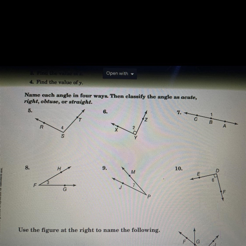 Name each angle in four ways. Then classify the angle as acute, right, obtuse, or-example-1