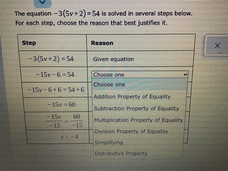 The equation-3(5v+2)=54 is solved in several steps below for each step choose the-example-2