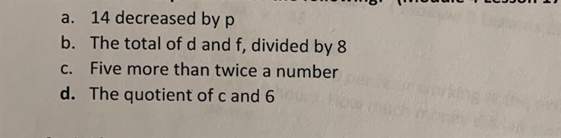 Write an expression for the following 14 decreased by P The Total of d and f divided-example-1