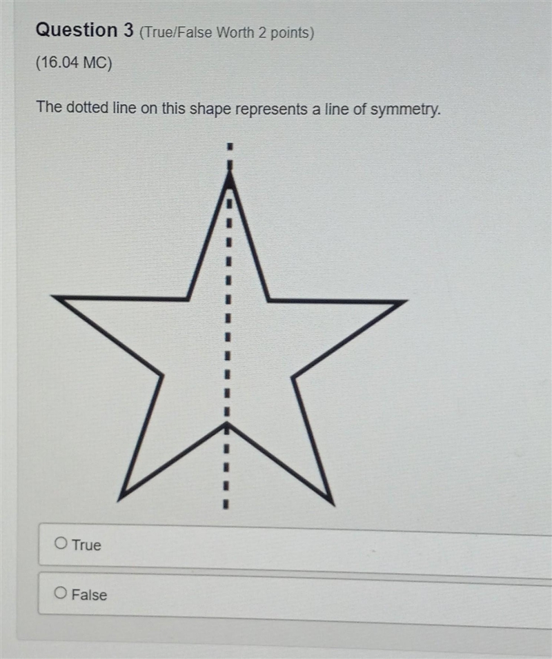 The dotted line on this shape represents a line of symmetry. True or False?​-example-1