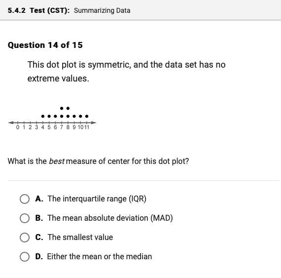 The dot plot is symmetric, and the data set has no extreme values. What's the best-example-1