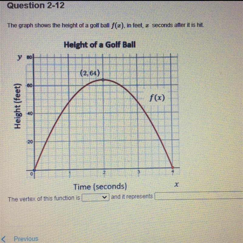 The graph shows the height of a golf ball f(x), in feet, x seconds after it is hit-example-1