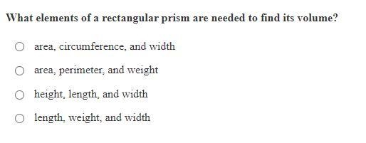 What elements of a rectangular prism are needed to find its volume?-example-1