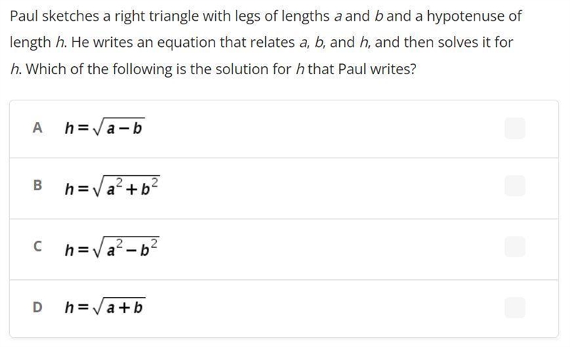 Paul sketches a right triangle with legs of lengths a and b and a hypotenuse of length-example-1