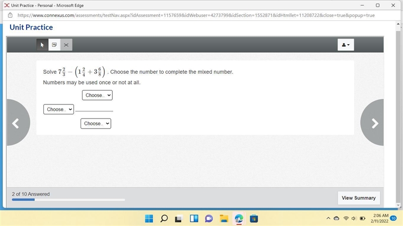 Solve 7 2 3 − ( 1 2 4 + 3 6 8 ) . Choose the number to complete the mixed number. Numbers-example-1