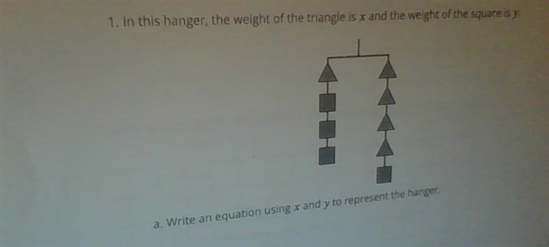 Write an equation using x and y to represent the hanger.-example-1